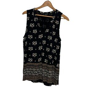 Lucky Brand Small S Black V-Neck Floral Border Print Cotton Modal Tank Top Shirt